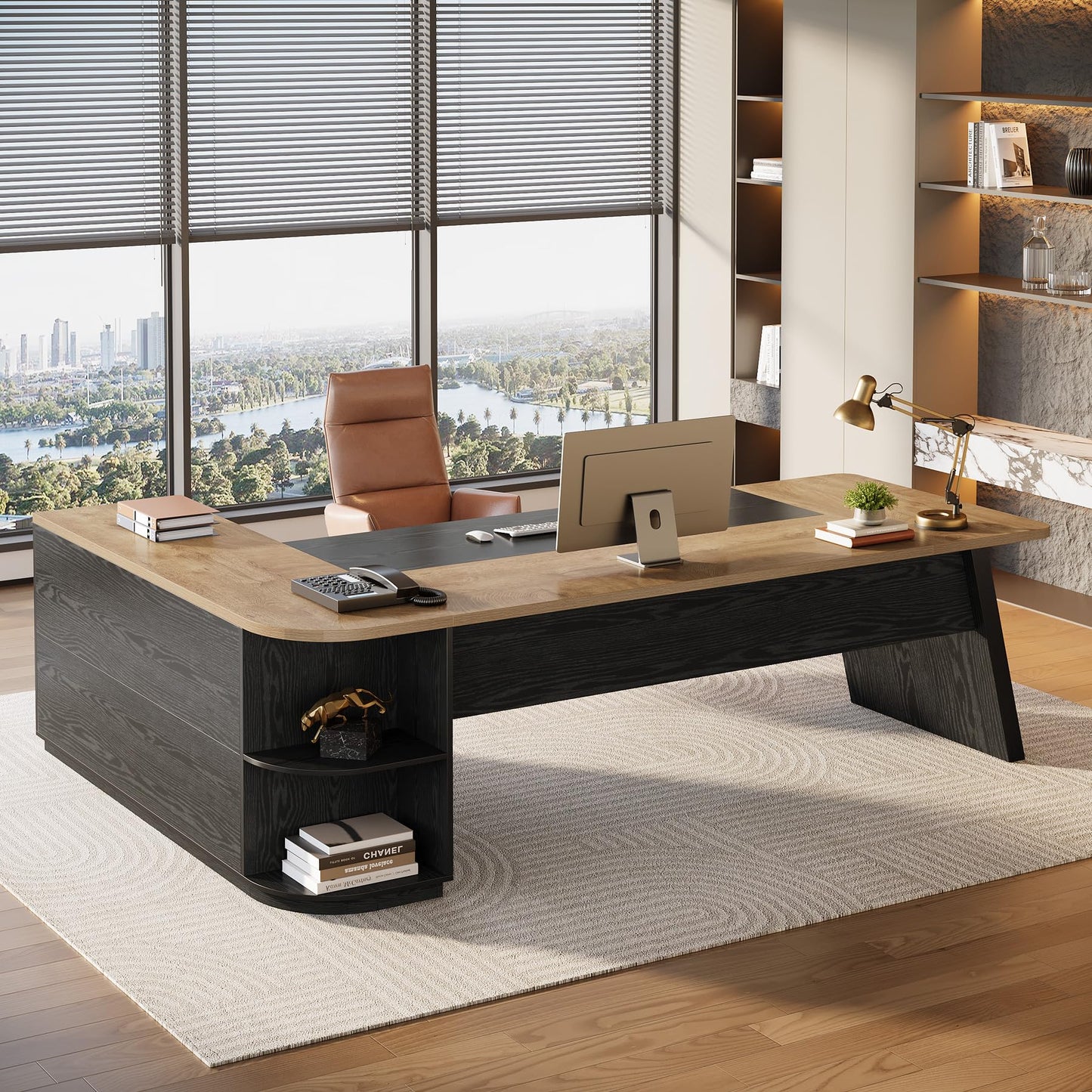 Tribesigns 79-Inch Executive Desk, Large Office Desk with Cabinet, L-Shaped Compter Desk with Storage Shelves, Writing Table for Home Office, Natural Oak and Black
