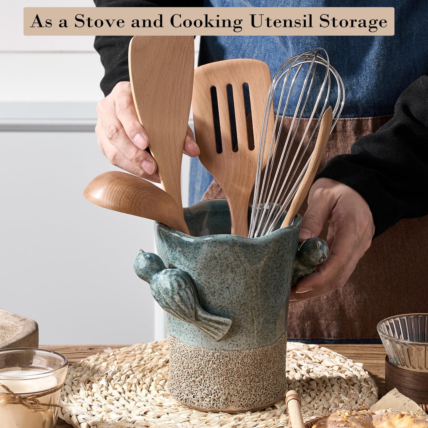 6.38“H Utensil Holder for Kitchen Counter, Modern Farmhouse Cooking Utensil Holder and Crock Home Kitchen Decor, Ceramic Utensil Organizer for Spatula, Ladle, Eggbeater, Rolling Pin- Blue and Brown