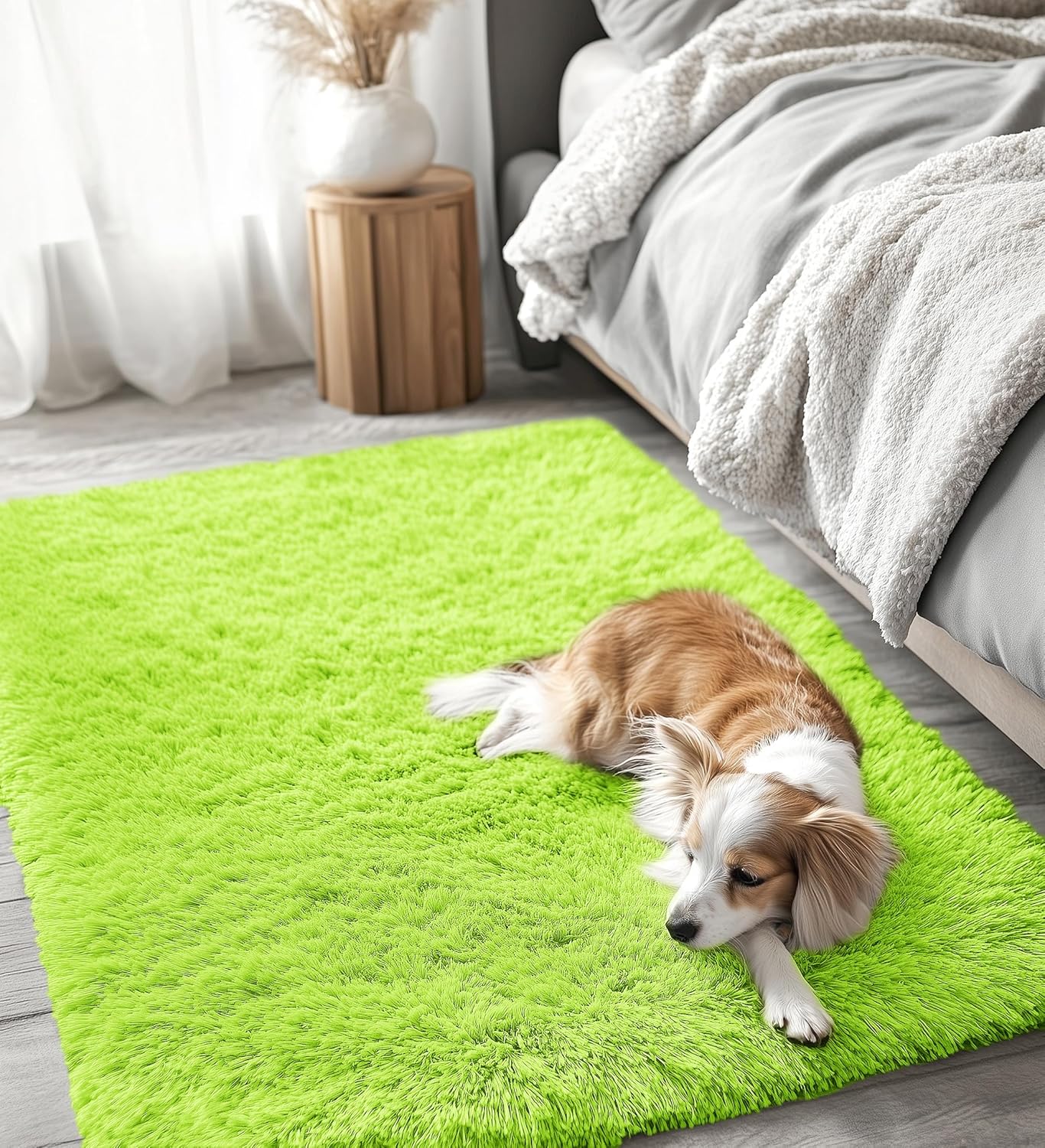 OLANLY 3x5 Machine Washable Bedside Rug - Soft Fluffy Shaggy Carpet for Kids & Nursery | Lime Green