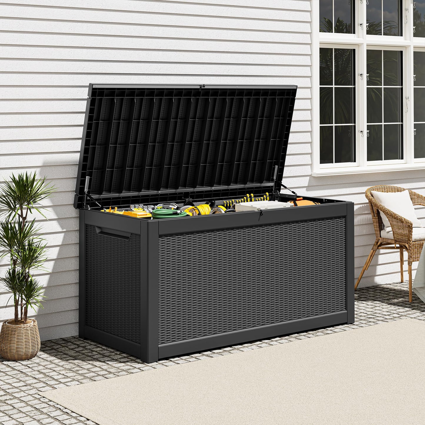 NBYSGO Outdoor Storage Deck Boxes Waterproof, Waterproof and UV Resistant Outdoor Storage Box Lockable Lid for Delivery Box, Indoor, Garden Tools, Pool Supplies, Patio (Black, 300 Gallon)