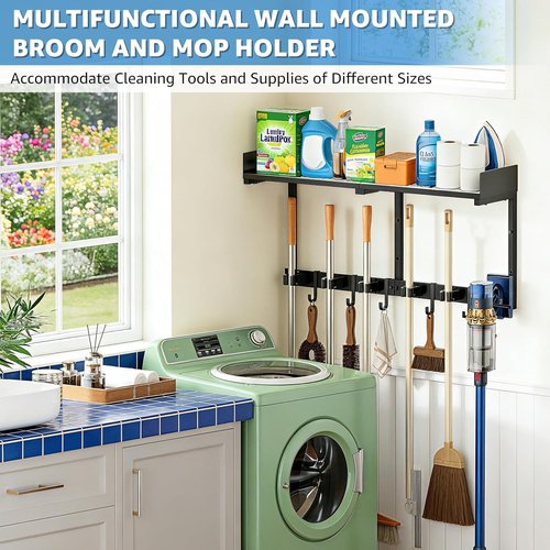 HUFAND Broom Holder Wall Mount - Heavy Duty Mop & Broom Organizer with Top Shelf & Hook | 27" Black Utility Rack for Laundry, Garage, Kitchen, Garden