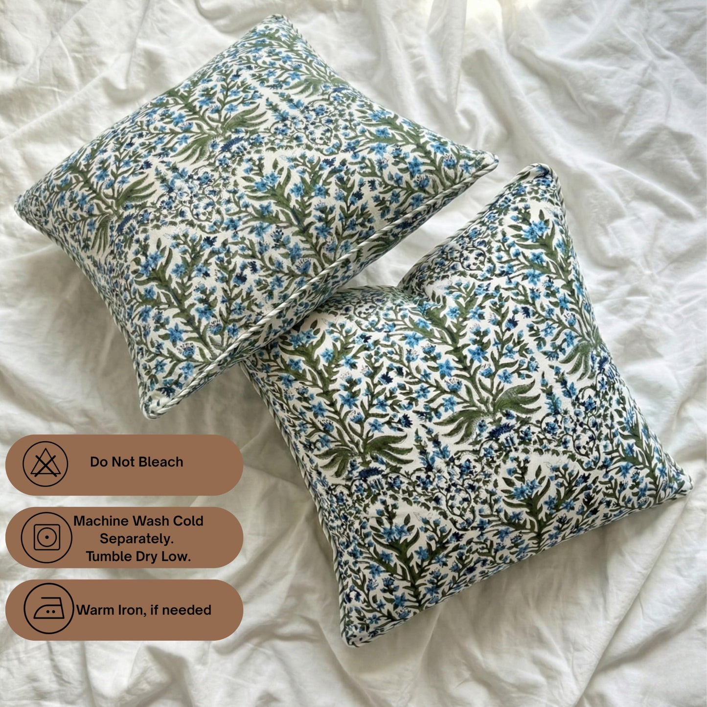 ATOSII Block Print Throw Pillow Cushion Covers, 24" X 24" - Set of 2, Decorative Couch Pillows for Living Room Bed Sofa, 100% Cotton Canvas Pillow Case for Home Decor & Outdoors - Nargis Blue