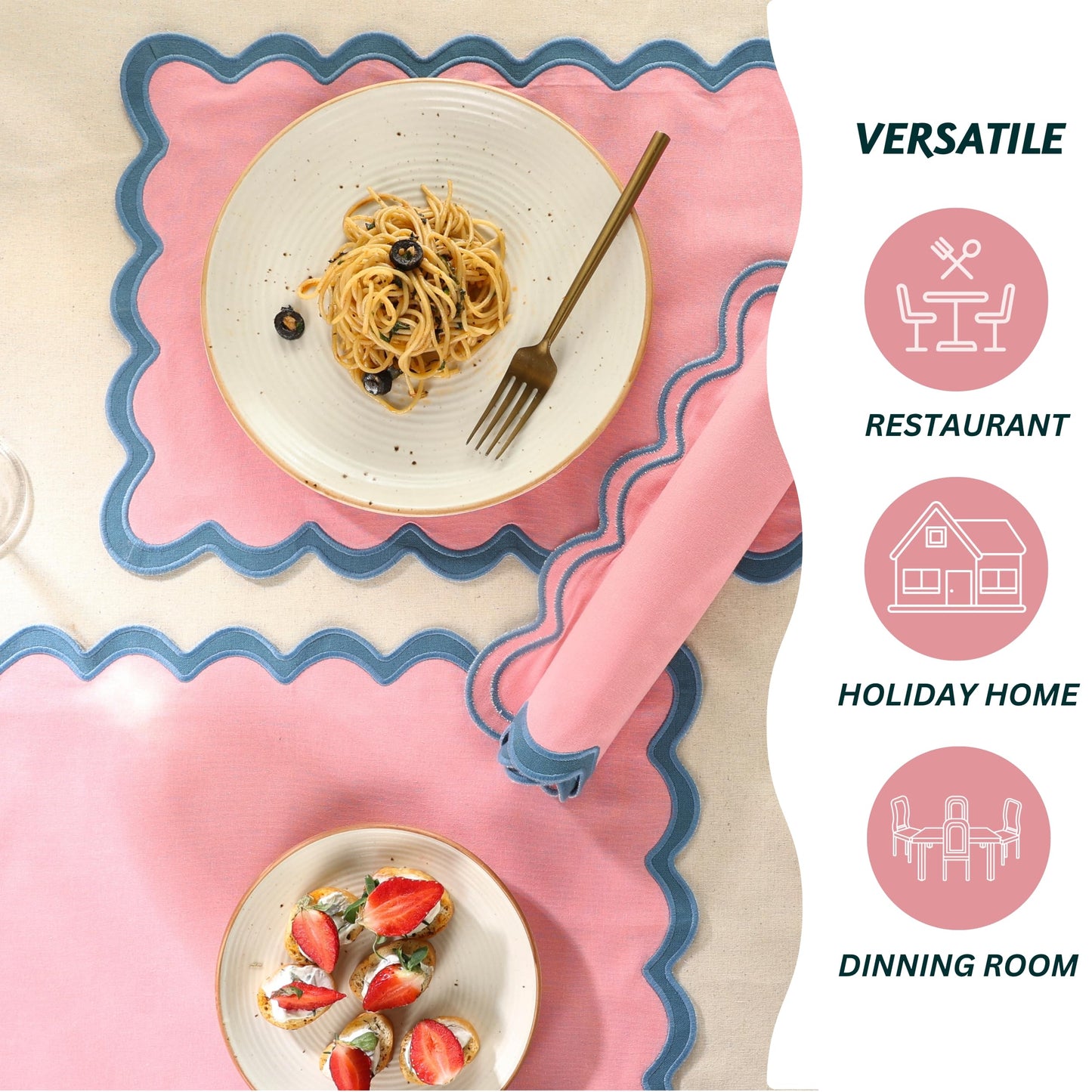Folkulture Placemats Set of 4 (13 x 19) | 100% Cotton, Cute, Heat Resistant,Machine Washable Scalloped Place Mats | Pink Rectangular Cloth Table Placemats or Dining Table Mats for Dinner Party