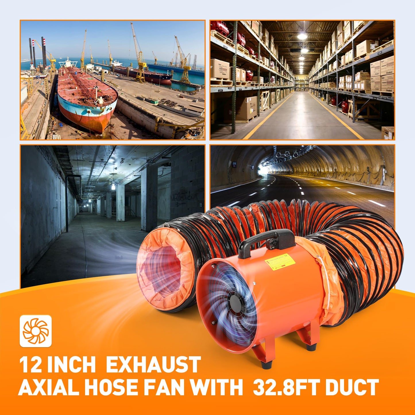 Rengue 12 Inch Utility Blower/Exhaust Fan with 32.8ft Duct Hose, 1900 or 2800r/min Two Modes Heavy Duty Ventilation Fan, High Velocity Extraction and Ventilation with Flexible PVC Hose
