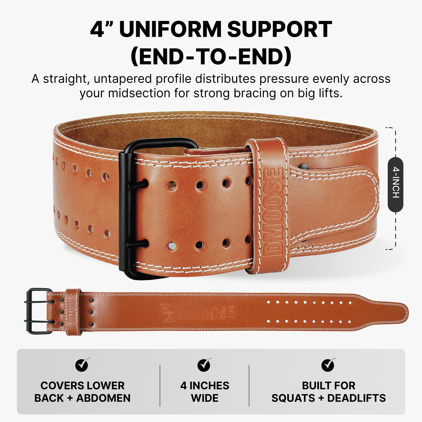 DMoose Deadlift Belt Genuine Leather for Men and Women, 4 Inch Wide, Adjustable Buckle, 5MM Thick for Weightlifting, Workout, Gym, Squat, Deadlift, Great Lower Back Support (Brown L)