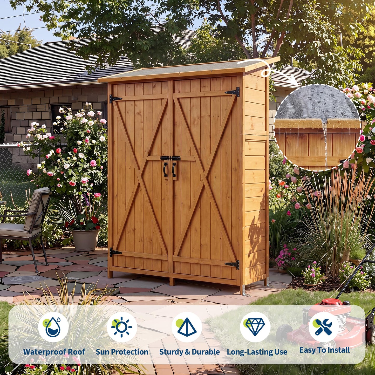 Outdoor Storage Cabinet with 2 Shelves & Lockable Doors- Wooden Garden Shed with Floor and Waterproof Roof for Patio, Backyard, Deck, Lawn Organization Tall Wood Tool Shed, Large Storage Space