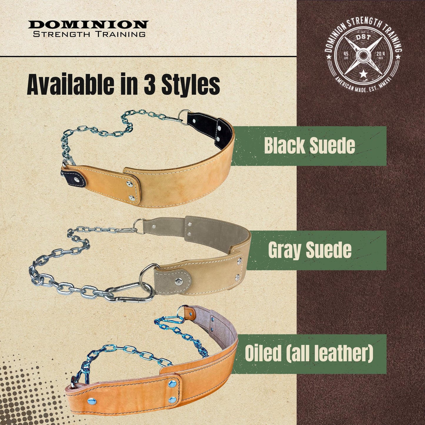Dominion Strength Training Gray Suede Heavy-Duty Leather Dip Belt with Steel Chain - Ultimate Accessory for Weighted Pullups, Dips, and Progressive Overload (Gray Suede)