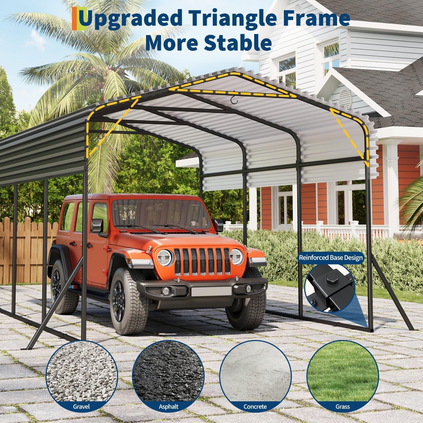Outdoor Metal Carport, 10x15FT Heavy Duty Carport Canopy with Electro-Galvanized Steel Top & Triple-Braced Foundation, Garage Shelter Shade for Trucks, Boats, Cars