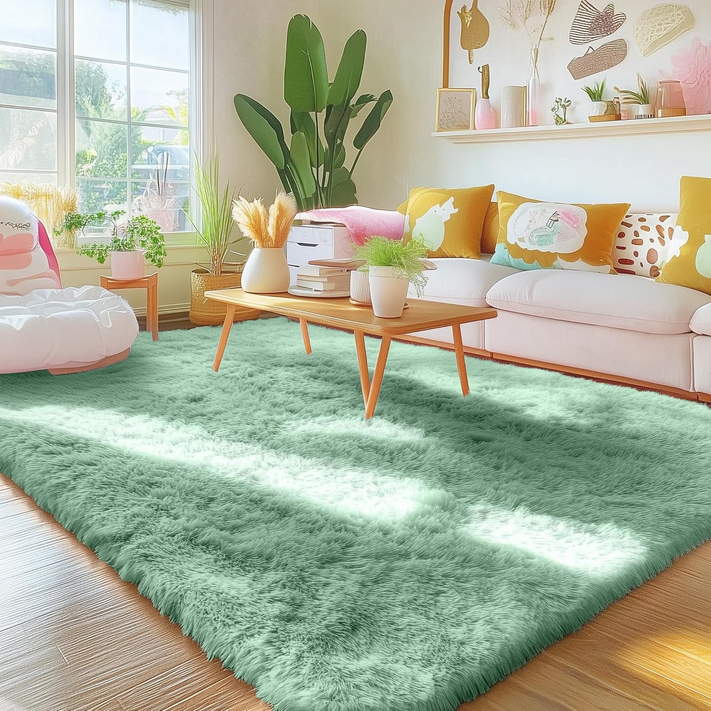 OLANLY Area Rug - Soft Fluffy Shaggy Design | Machine Washable 4x5.9 ft Mint Green for Living Room & Bedroom