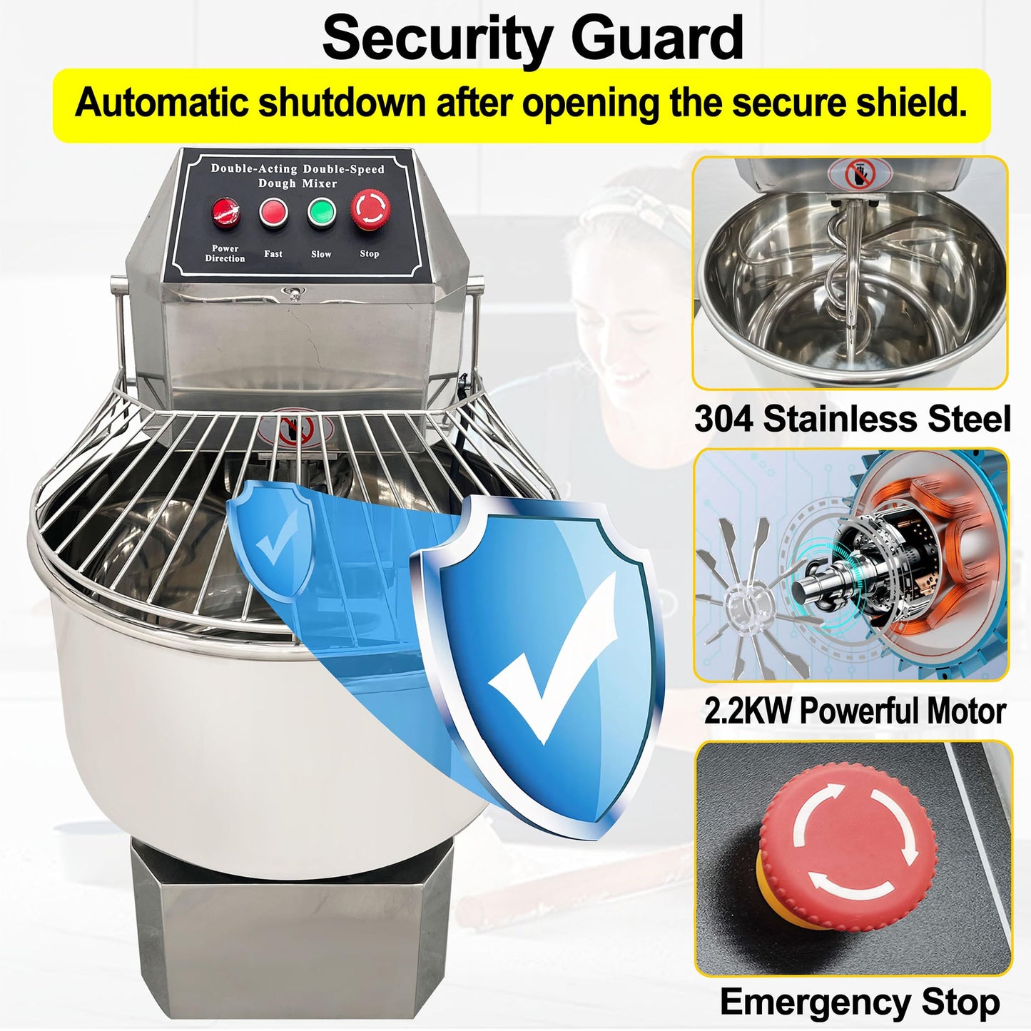 LGXEnzhuo 50L Commercial Dough Mixer with Dual Rotation and Double Speed, 110V 2200W Electric Dough Kneading Machine - Stainless Steel, Spiral Hook, Emergency Stop, for Pizze and Bread
