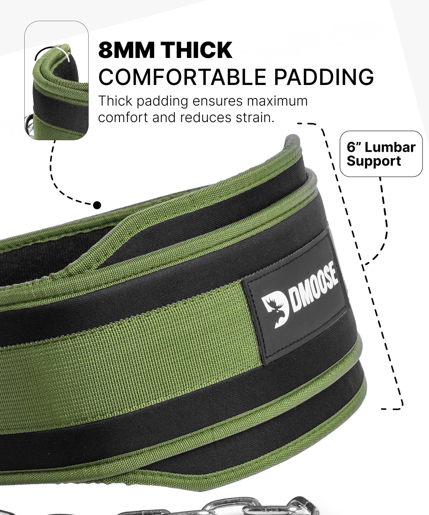 DMoose Fitness Dip Belt for Weight Lifting, Pullup, Squats & Dips - 36" Robust Steel Chain & Comfortable Neoprene Padding Supports 350lbs, Gym Weight Belt for Strength Training (Military Green)
