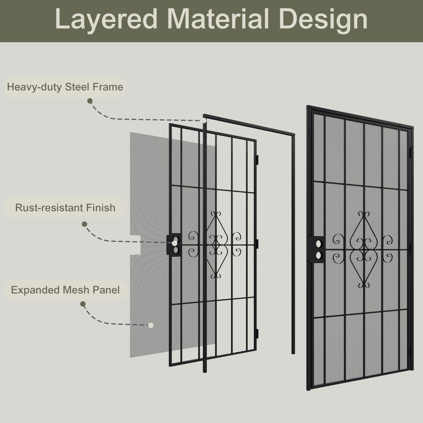 JUBEST 36 in. x 80 in. Security Screen Door, Reversible Powder Coated Black Surface Mount Outswing Steel Security Door with Expanded Metal Screen, Prehung Steel Exterior Doors, Durable&Safe