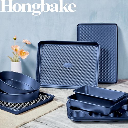 HONGBAKE 9-Piece Nonstick Baking Pans Set - Stackable, Non-Toxic Bakeware with Diamond Texture | Blue