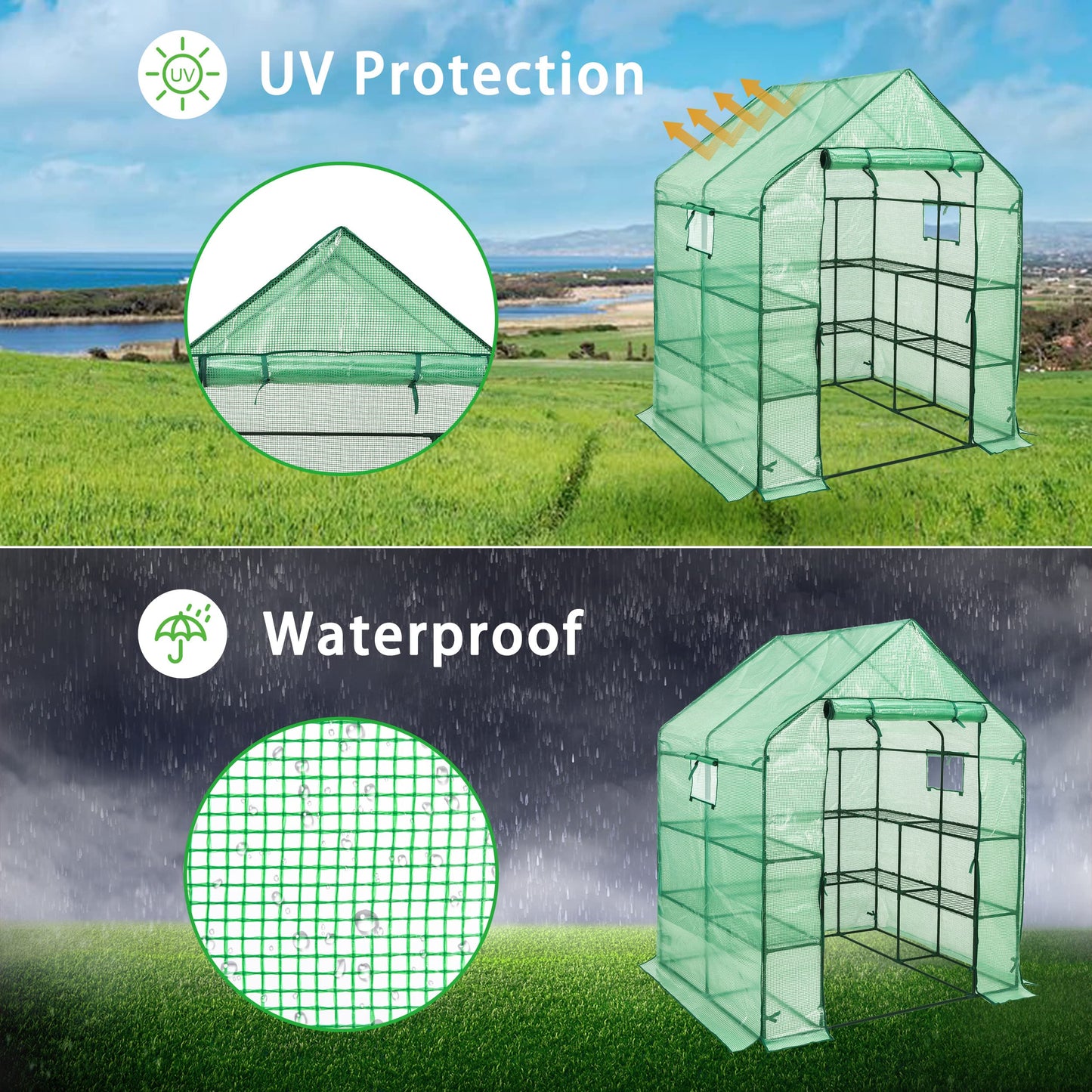 SUNGIFT Walk-in Greenhouse for Outdoors, 57x61x80 Inch Large Greenhouse, 3 Tiers 10 Shelves Mini Green House Kit with Observation Windows Roll-up Door Zipper, Plant Garden Hot House for Herbs, Flowers