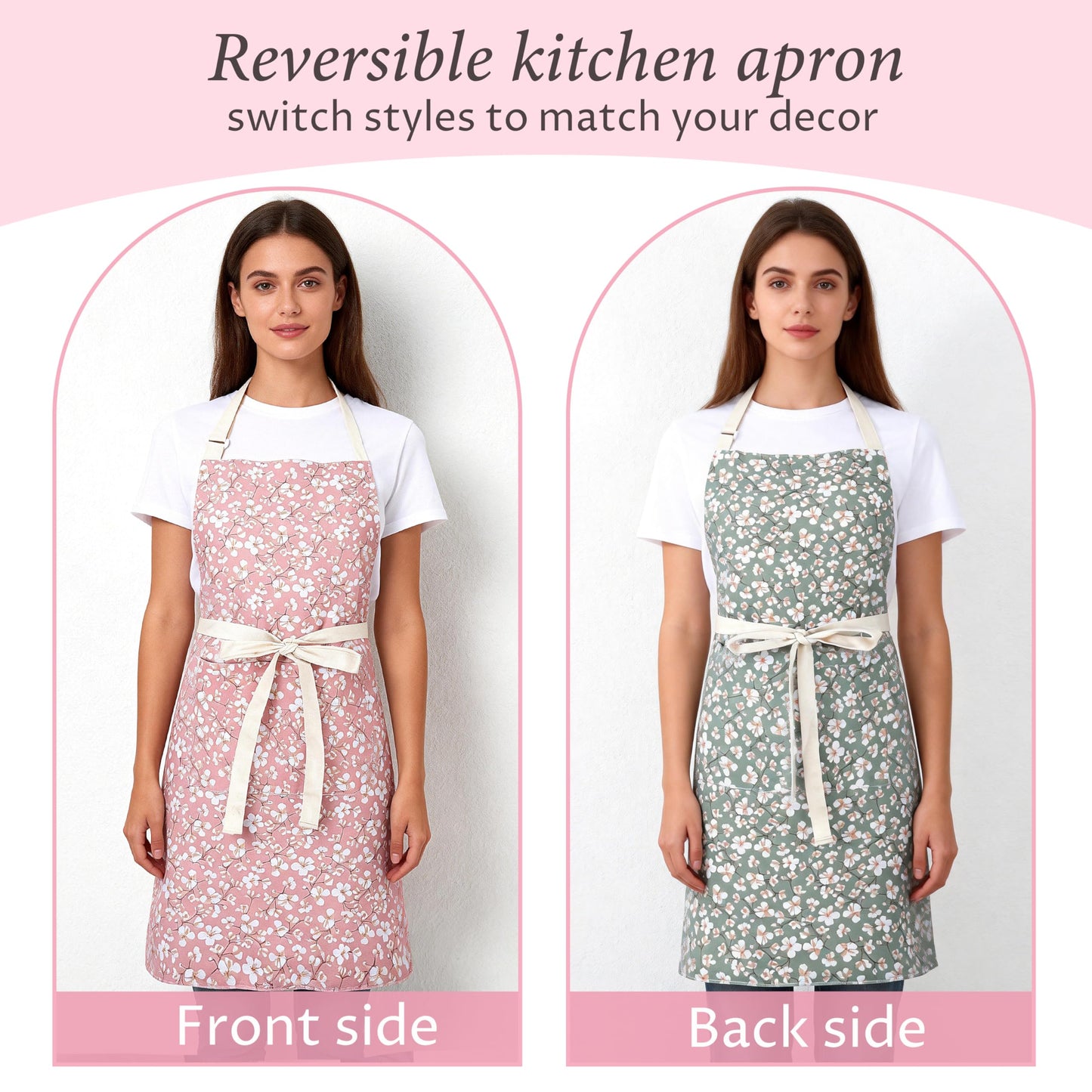 Aoomzoon Kitchen Aprons for Women with 2 Pockets,Double Sided Vintage Adjustable Apron for Gardening Cooking Arting Painting (Pink/Green)