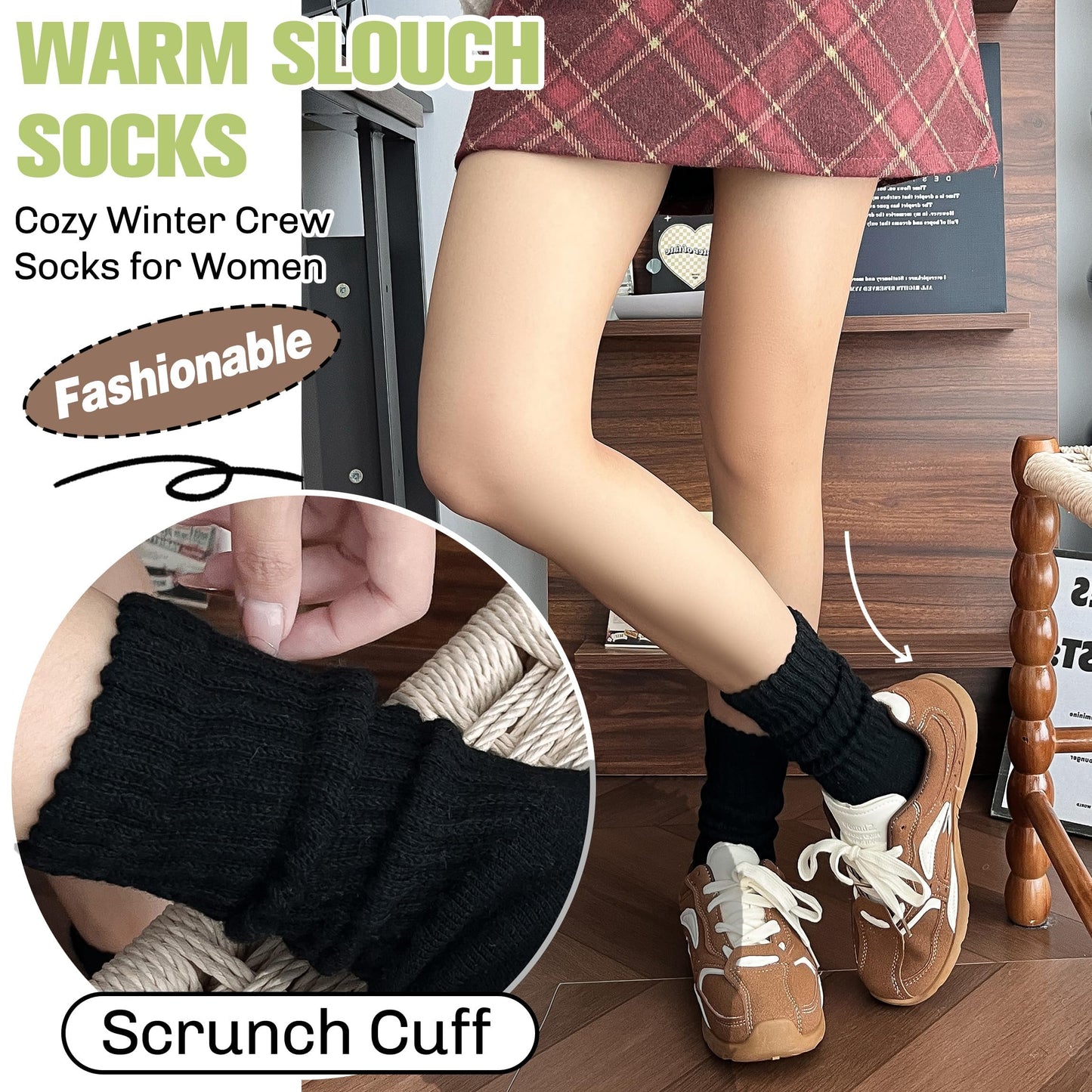 EBMORE Womens Black Merino Wool Slouchy Boot Socks Thermal Warm Winter Thick Scrunch Slouch Cozy Crew Gifts Socks 4 Pairs Stocking Stuffers(Black,M)