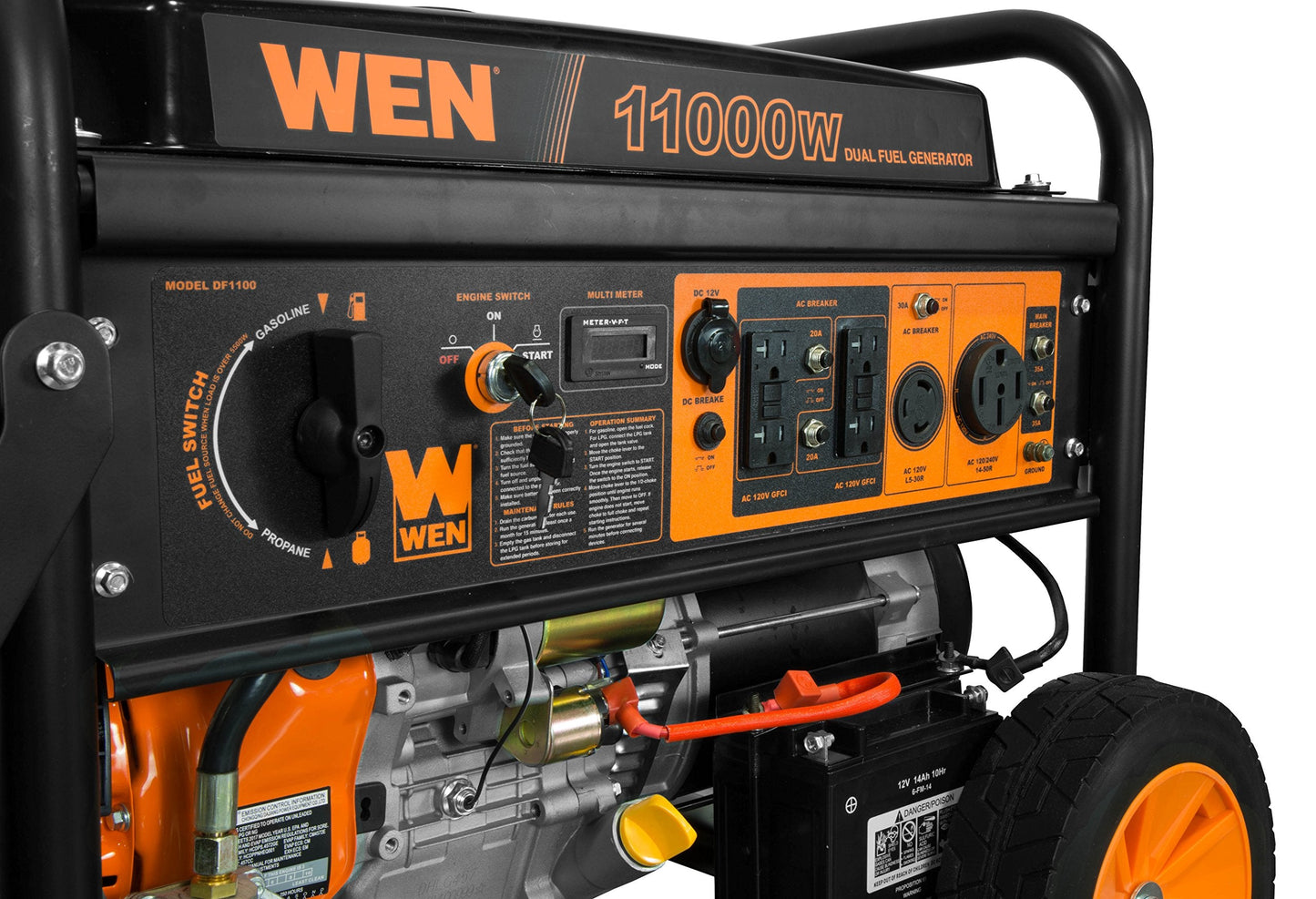 WEN 11,000-Watt 120V/240V Dual Fuel Portable Generator with Wheel Kit and Electric Start (DF1100T)