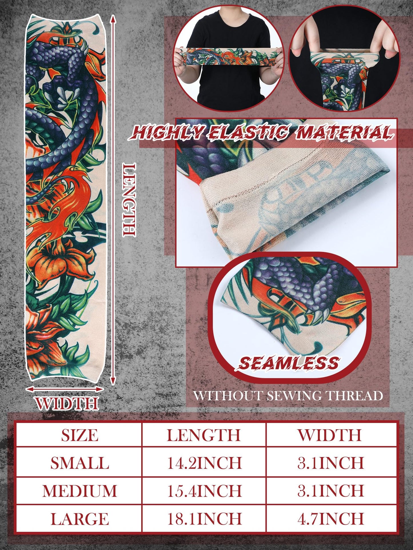 Boao 20 Pcs Men's Cooling Arm Sleeves Long Fingerless Arm Cover Anti Slip UV Protection Sun Temporary Tattoo Sleeves(Multi Style,Classic Colors,Large)
