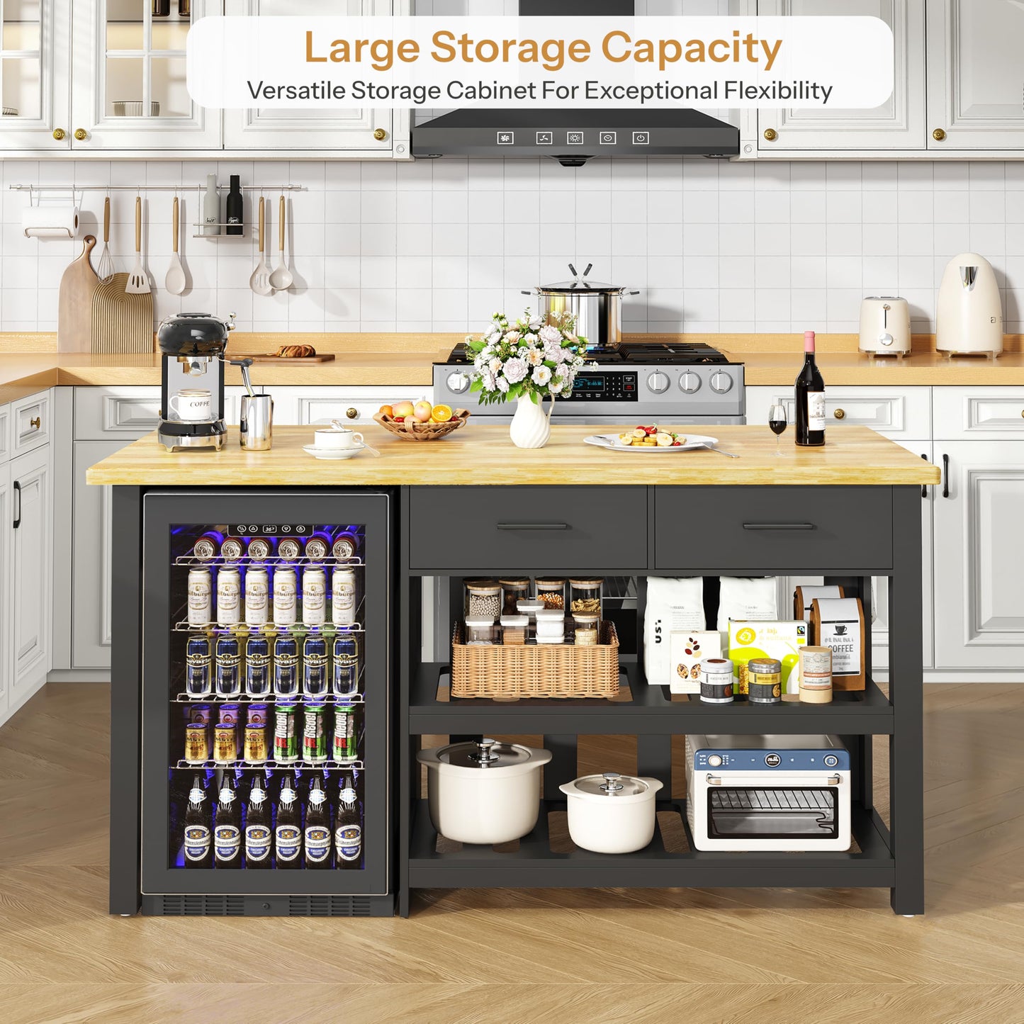 DynJest 60" Solid Rubberwood Kitchen Island with Fridge Storage Space and Power Outlets, 2 Drawers & Open Shelves Coffee Bar Cabinet for Kitchen, Farmhouse Counter Height Dining Table for 2-4, Black