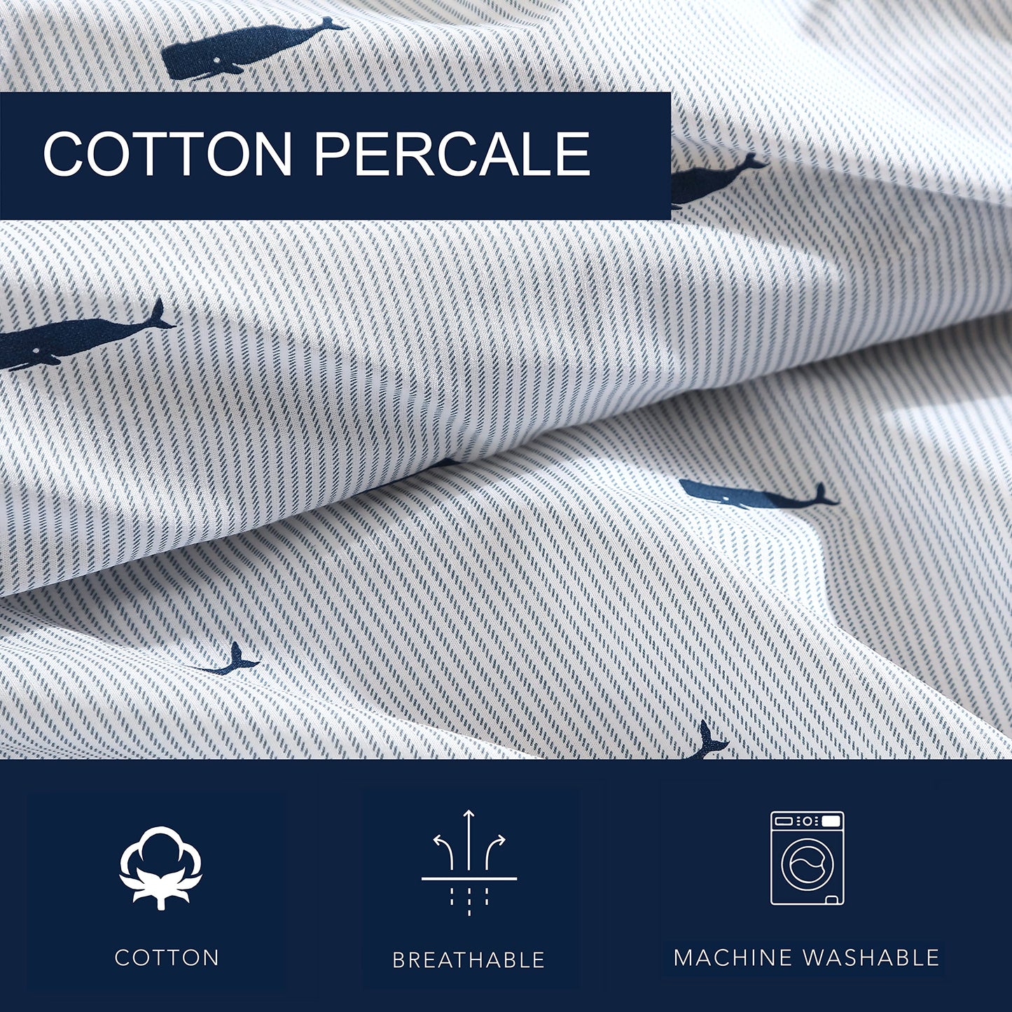 Nautica - Twin XL Size Sheet Set, Crisp Cotton Percale Bedding with Matching Pillowcase, Fully Elastic Fitted Sheet, Deep Pocket, Nautical Room Decor, Breathable All-Season Comfort (Whale Stripe Blue)