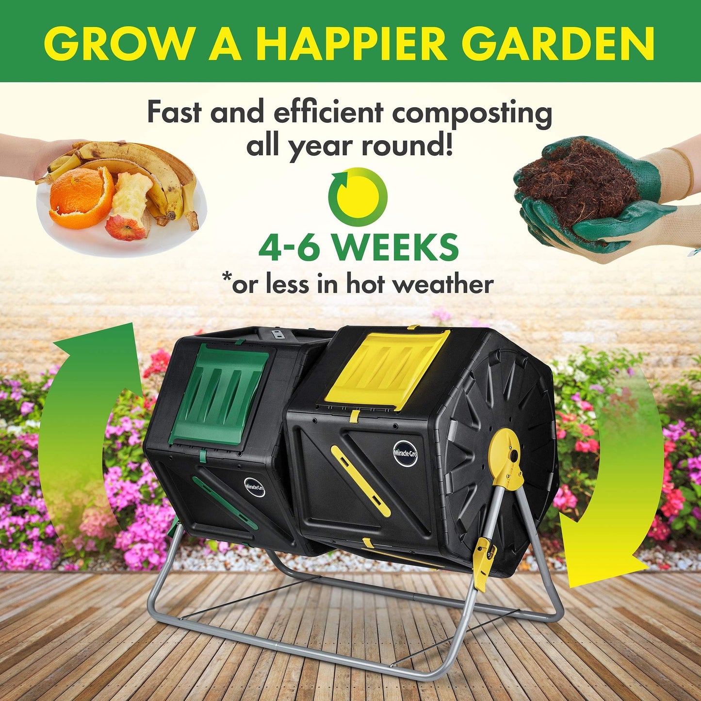 Miracle-Gro Large Dual Chamber Compost Tumbler, 55.4 Gallons – Easy-Turn, Fast-Working System – All-Season, Heavy-Duty, High Volume Composter with 2 Sliding Doors (2 x 27.7 gallons)