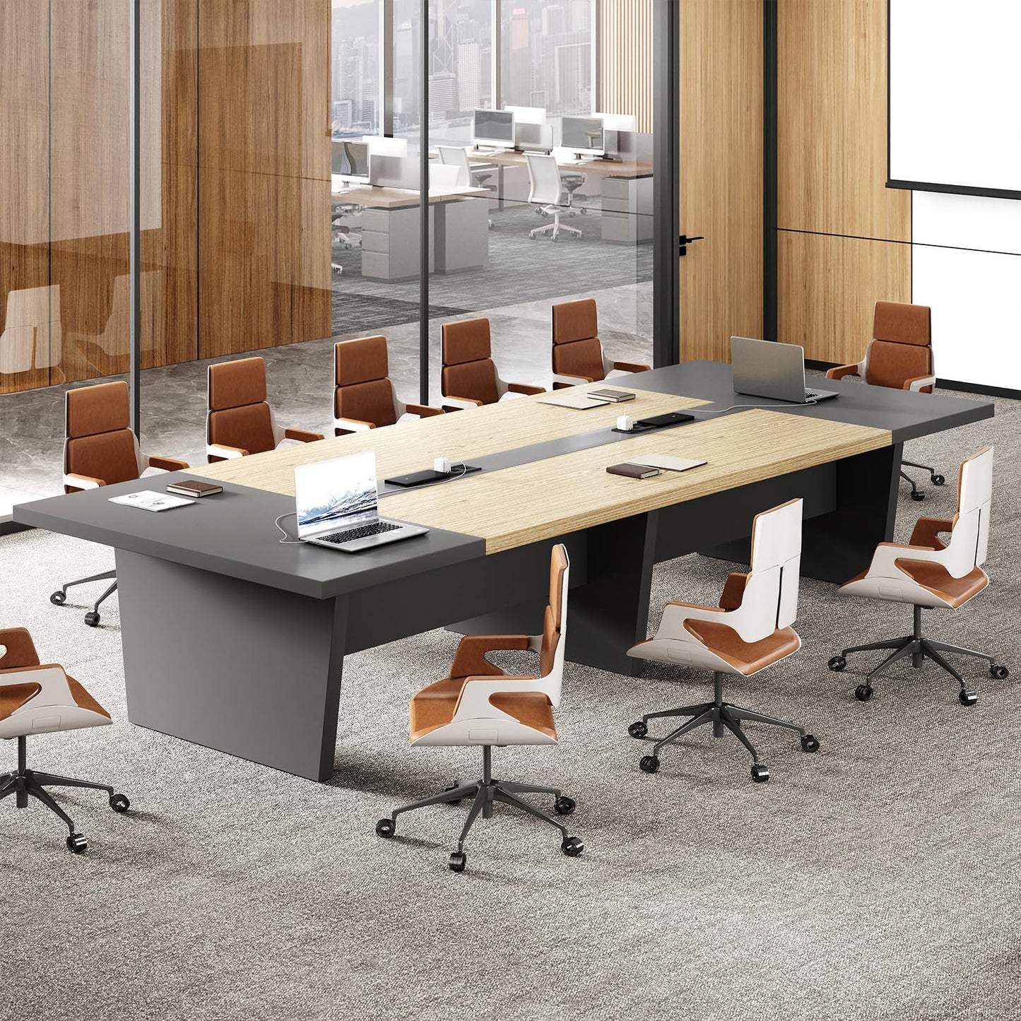11.5 ft Conference Table for 12 People, Large Meeting Table with Built-In Power Outlet, Cable Management & 2-Inch Thickened Tabletop, Office Conference Room Table, Oak and Grey, 138"L x 59"W x 30"H