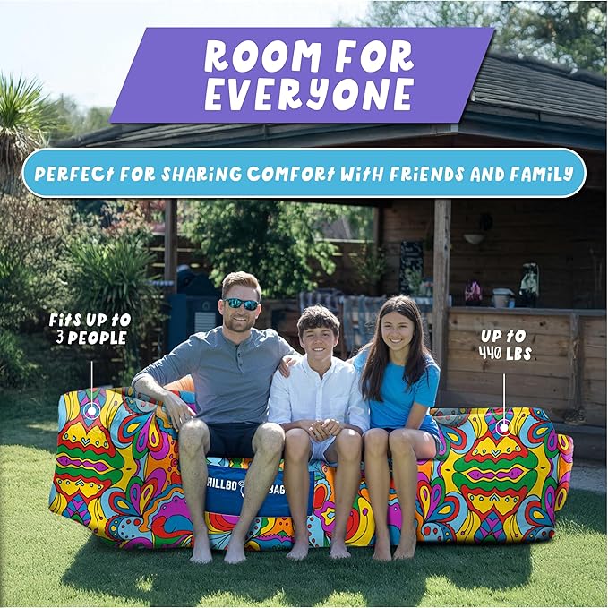 Chillbo Shwaggins Inflatable Couch – No-Pump Setup, Ripstop Polyester, Stability Pegs, Fun Prints, Portable Air Lounger for Beach, Camping, Festivals, and Tailgating - 60s Pyschedelic