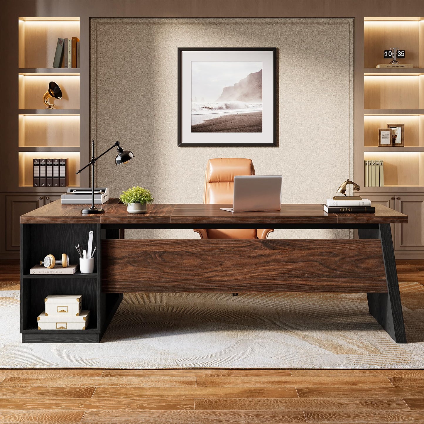 Tribesigns 78" L Shaped Executive Desk, Large Office Desk with Drawers and Storage Shelves, Modern Corner Computer Table Business Furniture for Home Office (Walnut & Brown)