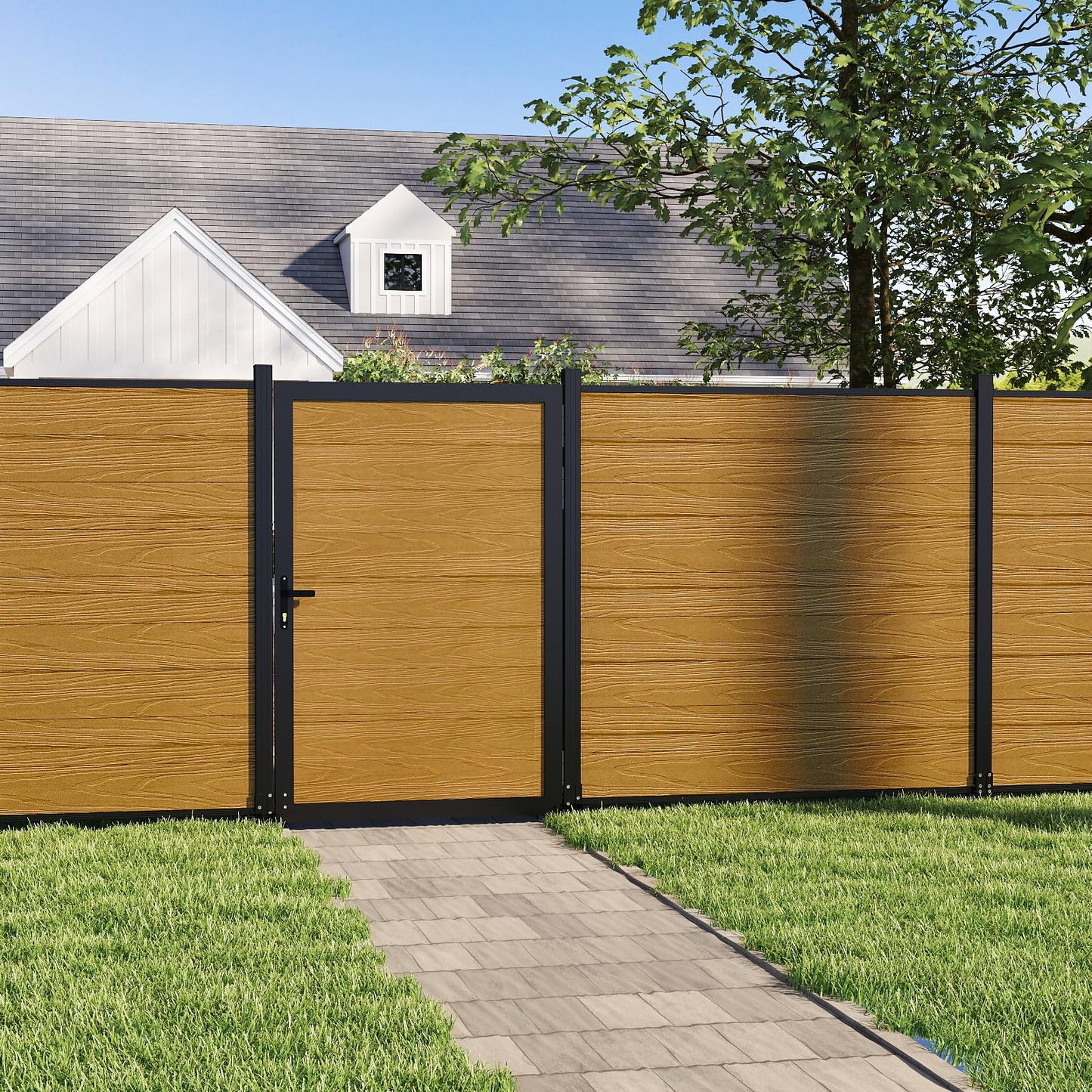 Mondaria Wood Plastic Composite Gate for Privacy Fence 6ft(H)*4ft(W), Fence Gate with Metal Frame and Knob Kits, Yellow Teak (Without Post)