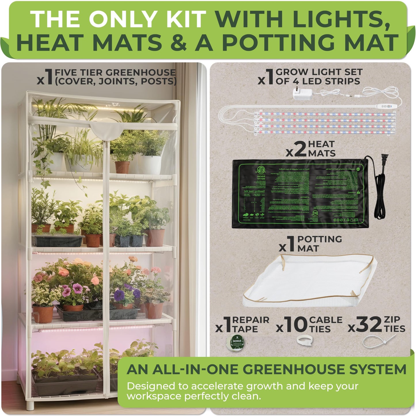 Carpathen Indoor Greenhouse with Grow Light - 4 Tiers 27.2"L x 19.3"W x 54"H with 2 Heat Mats and 4 Dimmable 15W Full Spectrum LED Light Strips w Spectrum Control - Mini Greenhouse with Zip PVC Cover