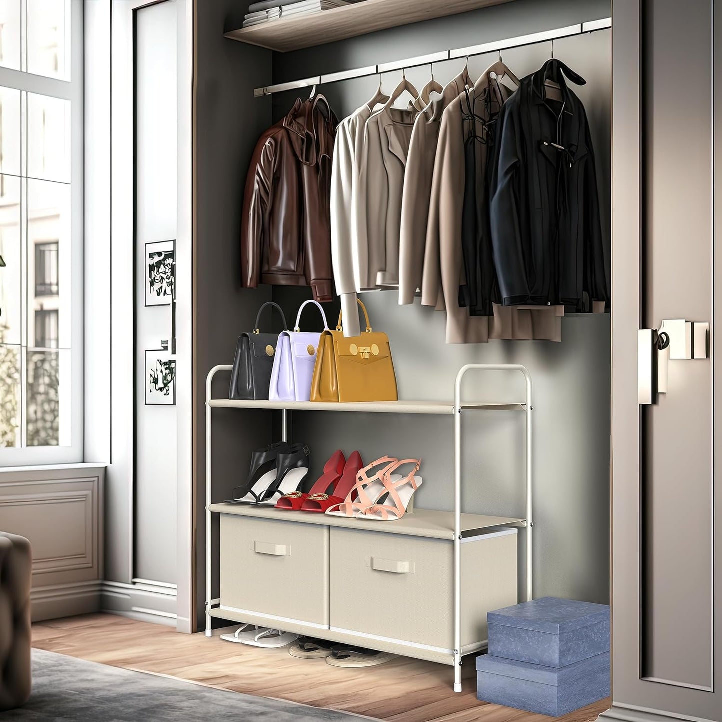 Simple Houseware 3-Tier Closet Storage Organizer - Beige with 2 Convenient Drawers