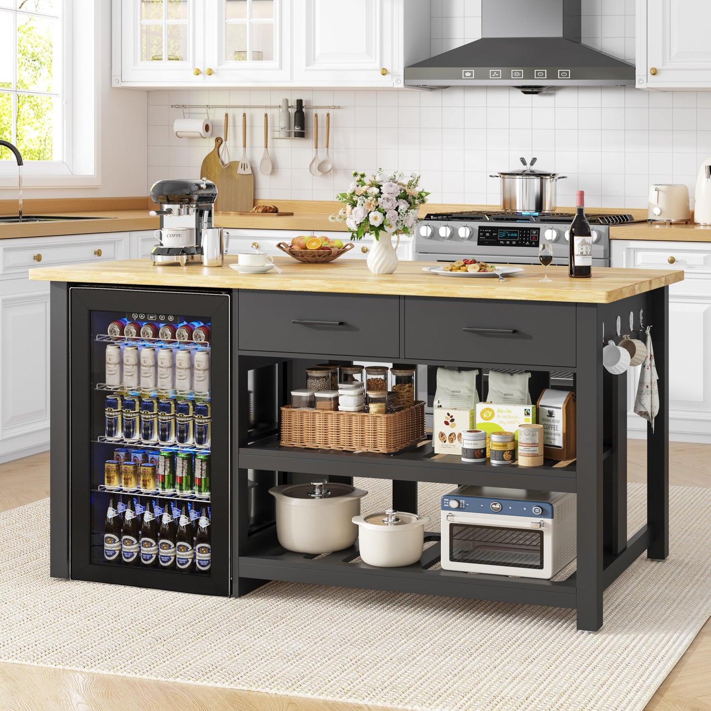 DynJest 60" Solid Rubberwood Kitchen Island with Fridge Storage Space and Power Outlets, 2 Drawers & Open Shelves Coffee Bar Cabinet for Kitchen, Farmhouse Counter Height Dining Table for 2-4, Black