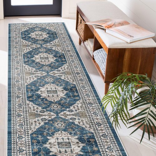Hallway Washable Runner Rug - Vintage Soft Non-Slip Floor Mat for Entryway | 2'6''x14', Blue