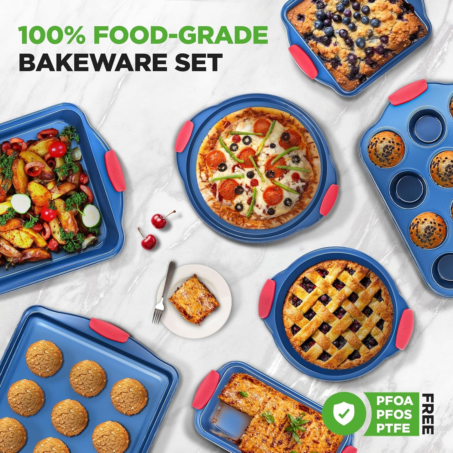 NutriChef 10-Piece Nonstick Bakeware Set - Premium Carbon Steel Pans with Silicone Handles | Includes Pizza Tray, Muffin Pans, Cookie Sheets & More - Blue