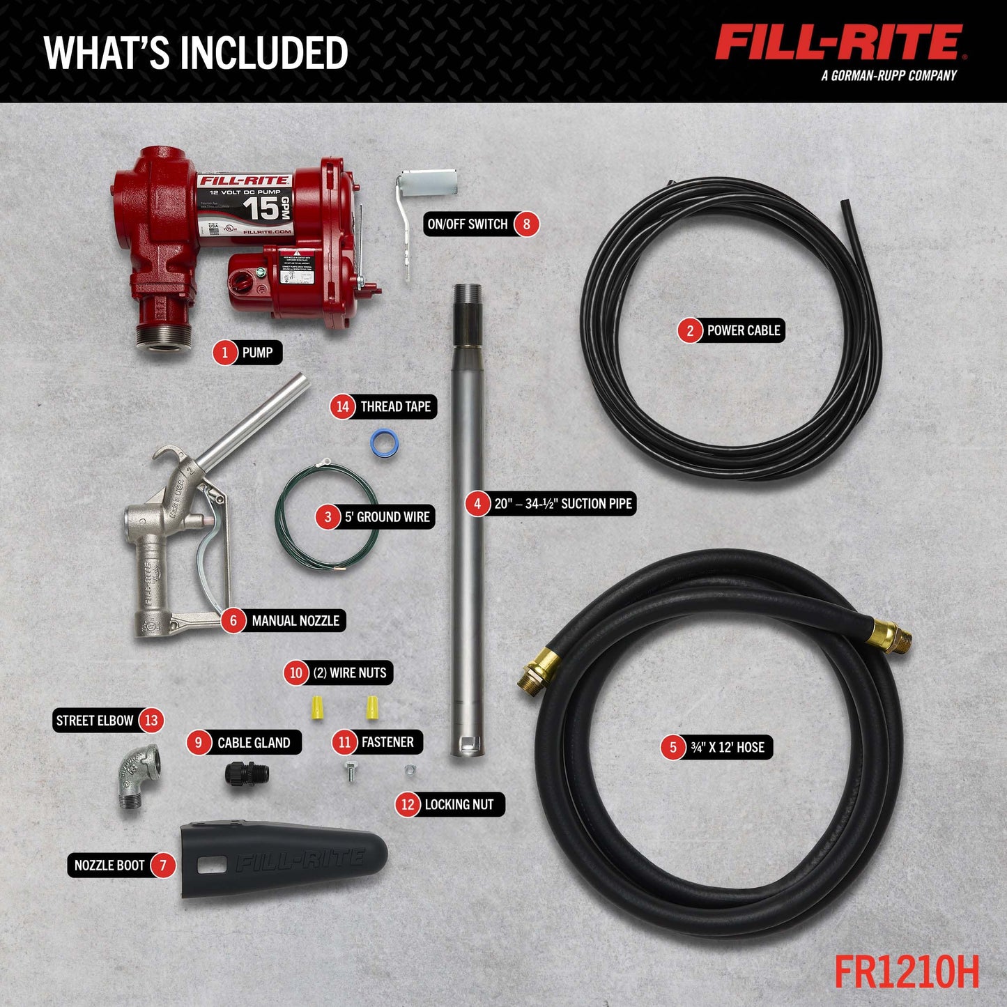 Fill-Rite FR1210H 12V 15 GPM Fuel Transfer Pump with Discharge Hose & Manual Nozzle | Gasoline, Diesel, Kerosene, Ethanol & Methanol Blends & Biodiesel