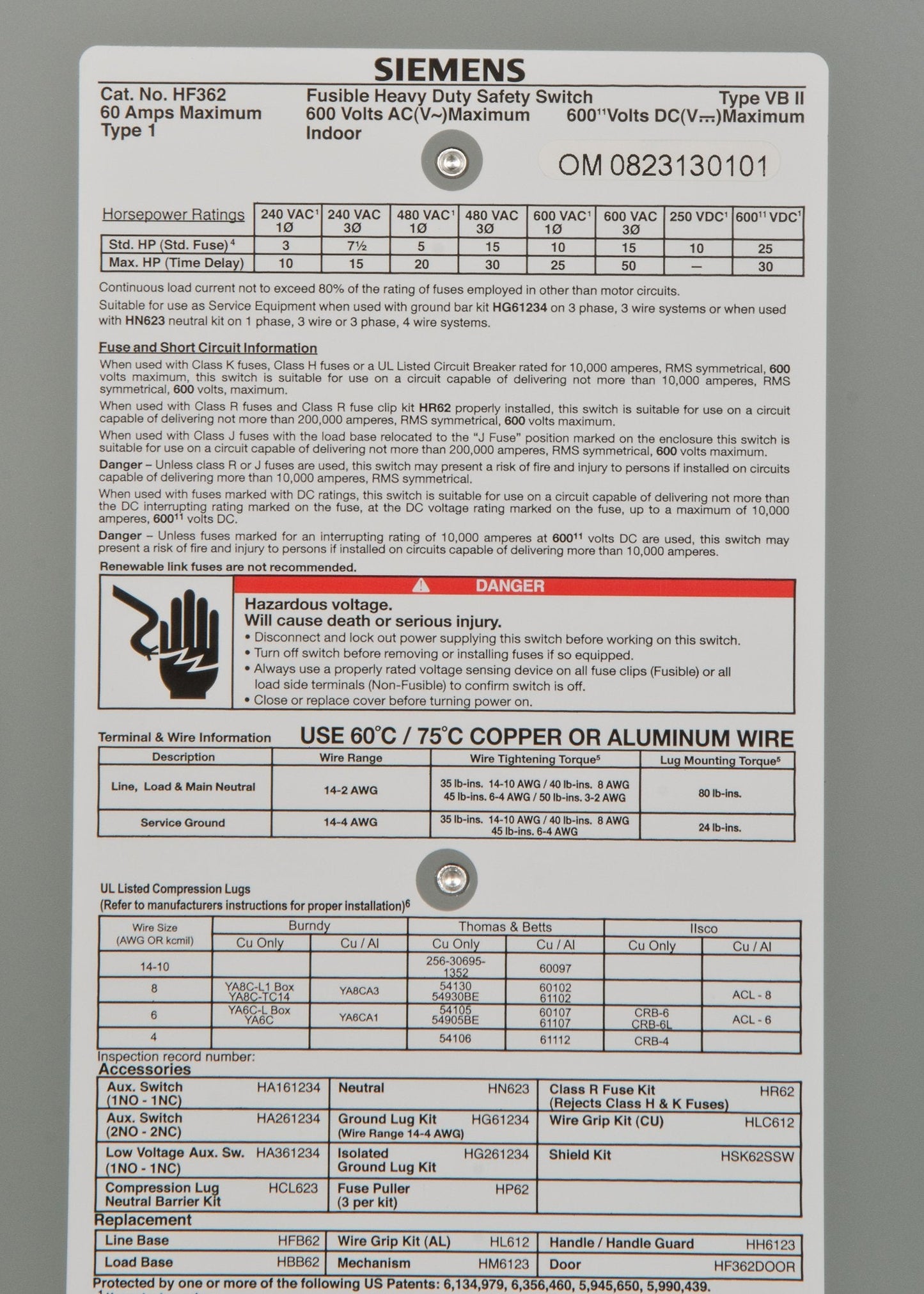 Siemens HF362 60-Amp 3 Pole 600-volt 3 Wire Fused Heavy Duty Safety Switches