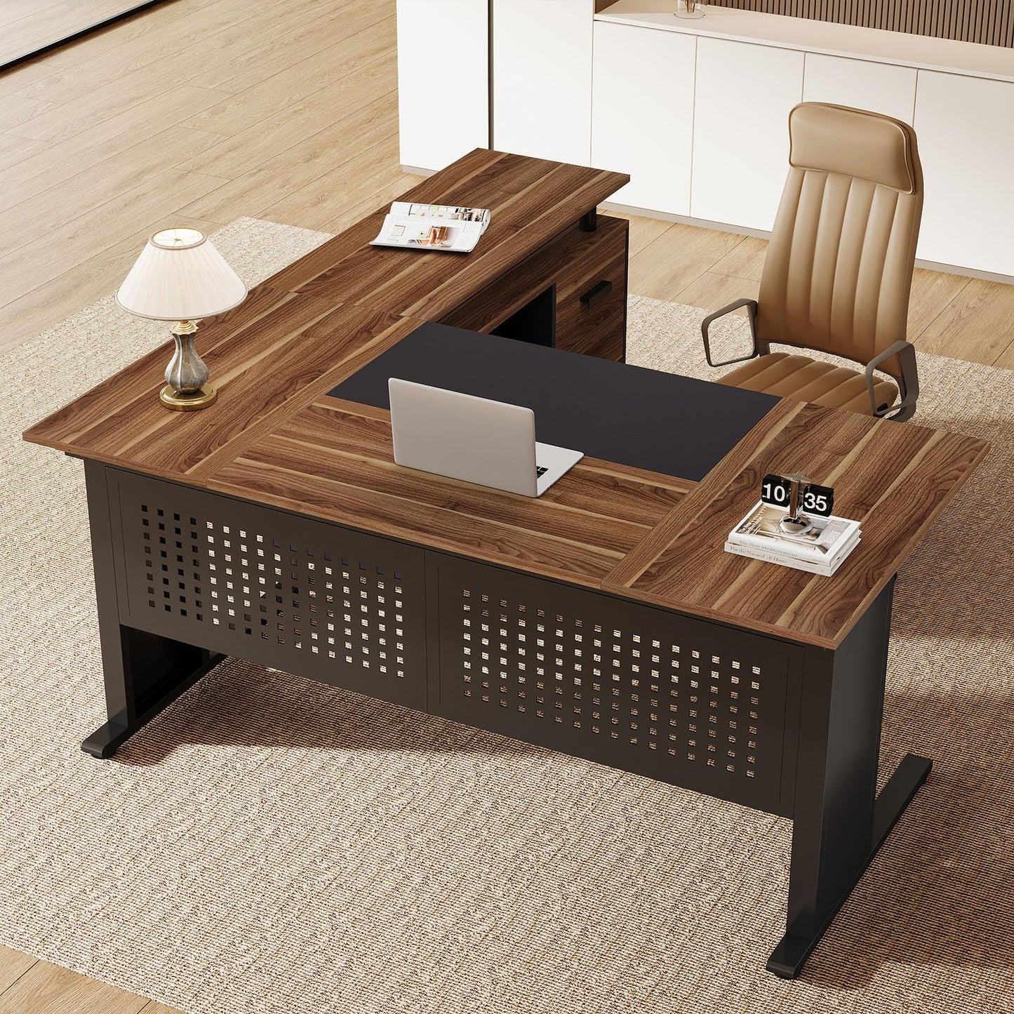 Tribesigns 63-Inch L-Shaped Executive Desk with Storage Shelves, Large Office Computer Desk with Drawers and File Cabinet, Industrial Business Workstation for Home Office, Brown and Black