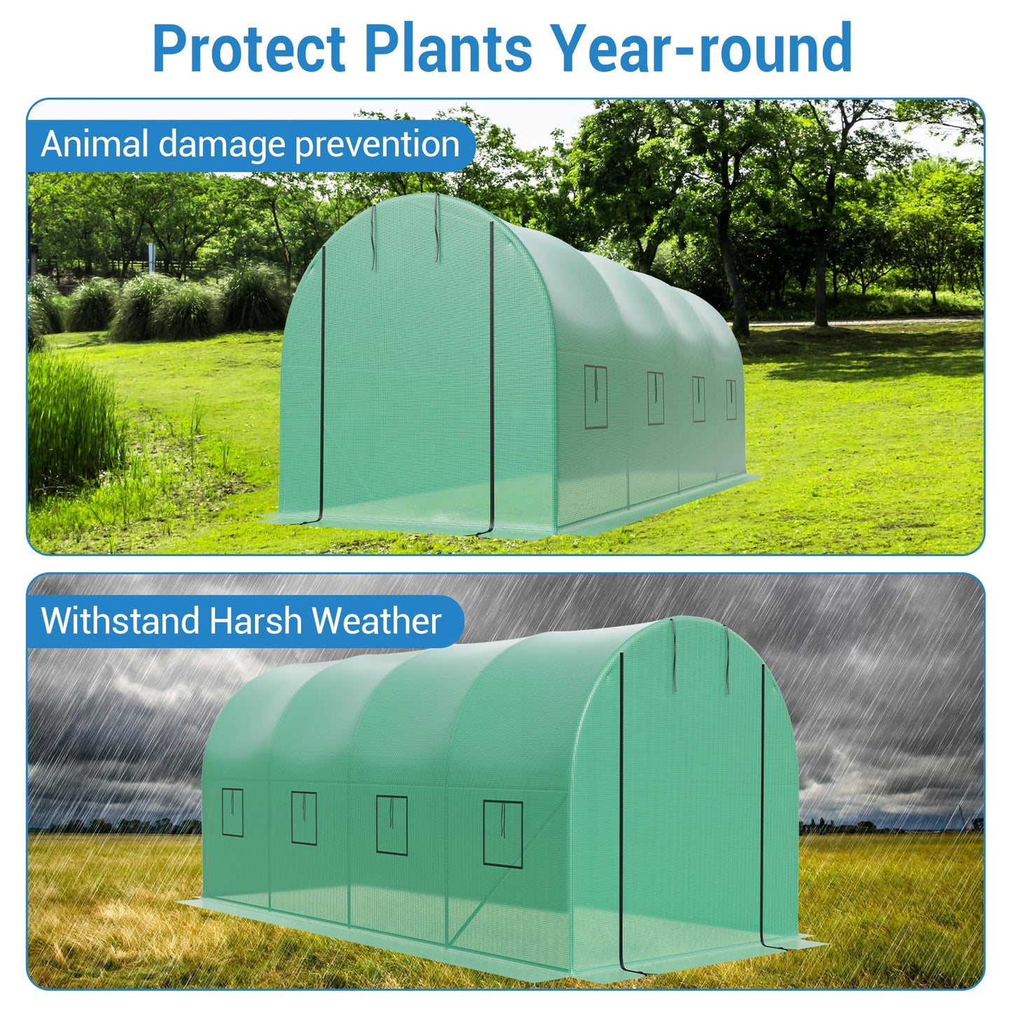 15x7x7 Ft Walk-in Tunnel Greenhouse for Outdoor Gardening - Heavy Duty Galvanized Steel Hoop House with Green PE Cover, Roll-Up Zipper Door & 8 Vent Windows, Plant Protection & Year-Round Growing