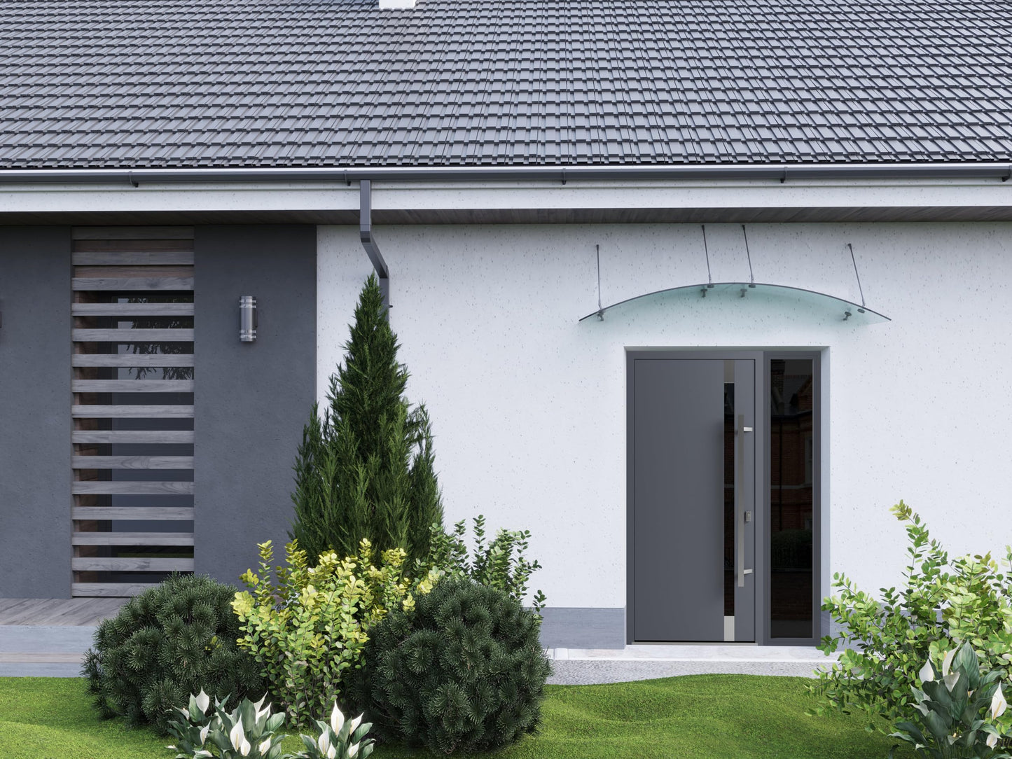 VDOMDOORS Front Exterior Prehung Steel Door/Ronex 1011 Grey/Side Exterior Window Sidelite/Stainless Inserts Entry Metal Modern Painted W36+12" x H80 Left Hand Inswing