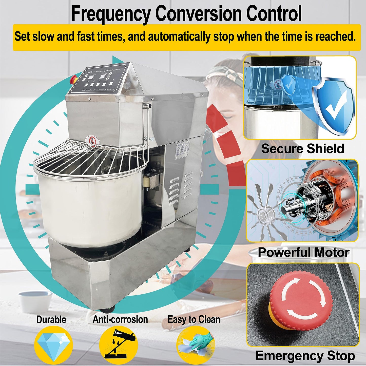 LGXEnzhuo 30L Commercial Dough Mixer with Dual Rotation and Dual Speed, 110V 1500W Electric Dough Kneading Machine - Time Set, Stainless Steel, Emergency Stop, for Pizze and Bread