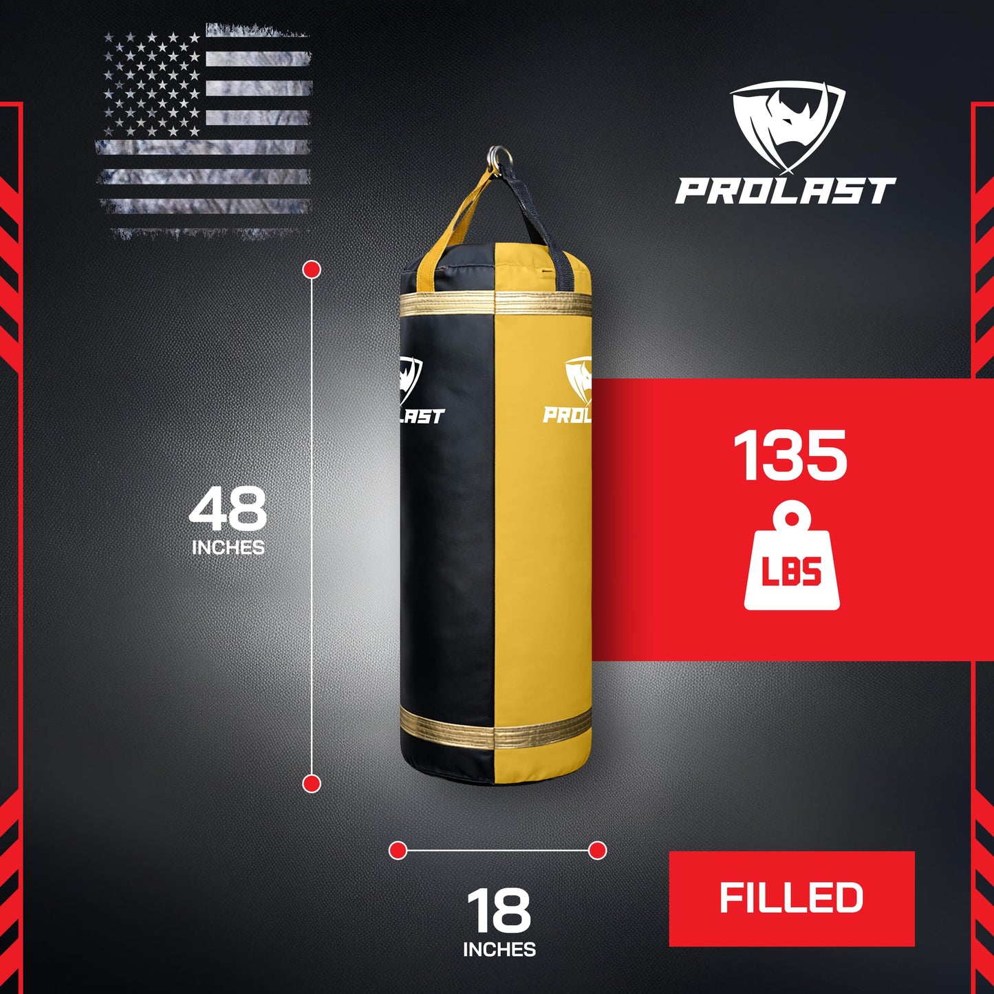 PROLAST 4Ft XL 135Lb Heavy Punching Kicking Bag for Adults, Boxing, MMA, Martial Arts, Muay Thai, Strength Training Equipment, Filled, Rhino Logo, Black and Yellow with Gold Trim