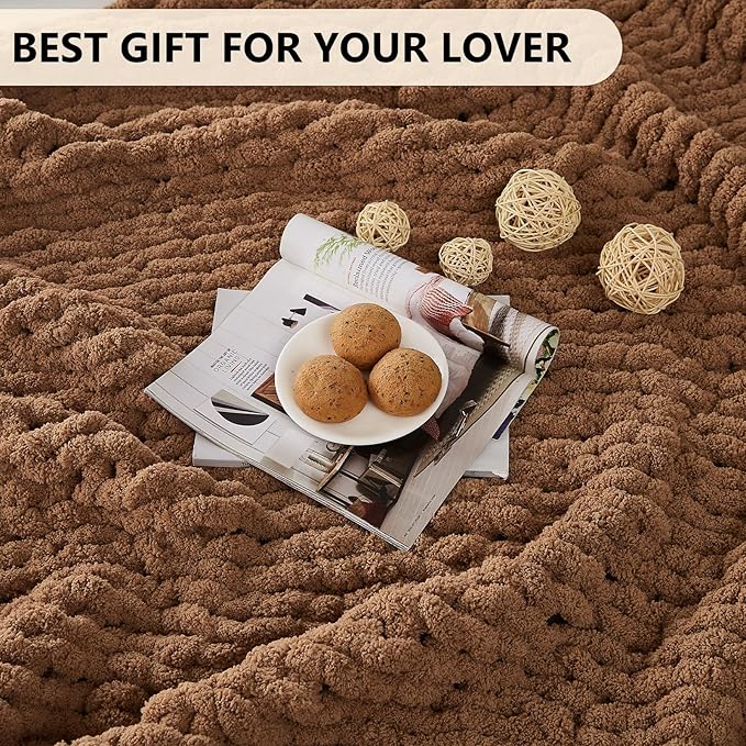 L'AGRATY Chunky Knit Blanket Throw: 50''x60'' Chenille Chunky Knitted Throw Blankets for Bed Couch - Handmade Thick Big Cable Knit Blanket - Large Crochet Rope Blankets for Home Decor(Brown)