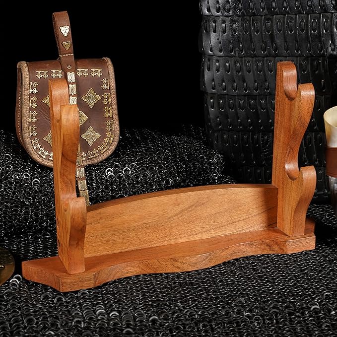 Mythrojan Solid Wood Sword Stand Wall Mount Display Rack for Medieval, Samurai, Katana & Knife Collections Durable, Stylish, Space-Saving Holder - Two Tier Stand