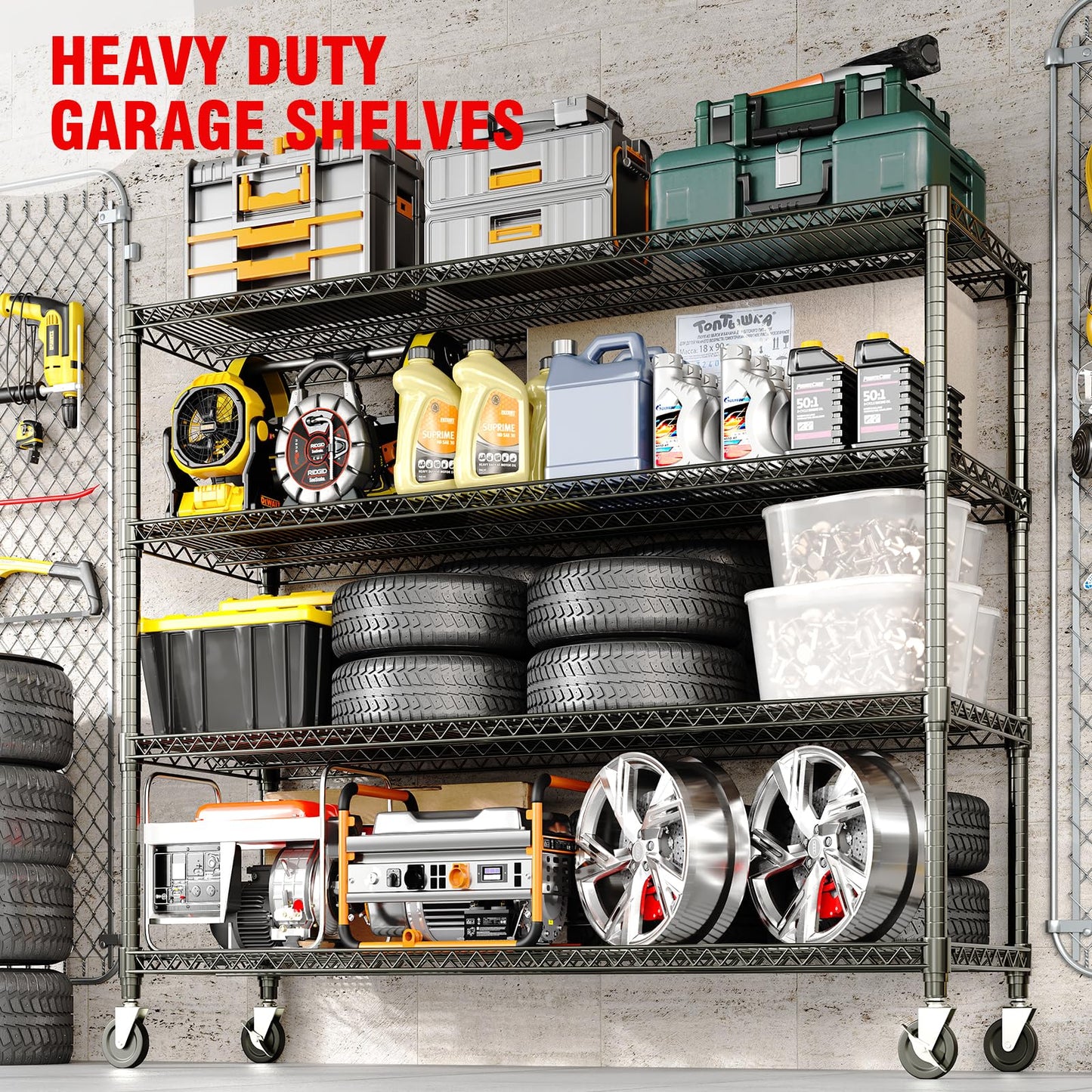 Metal Shelving Unit with Wheels, 72"H x 59"W x 17.7"D Garage Storage Shelves 4-Tier, Heavy Duty 2640LBS, Adjustable, Industrial Wire Rack Shelving Organizer, for Basement Home Office Kitchen, Black
