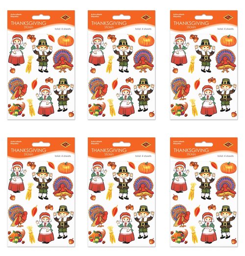 Beistle , 24 Sheets Pilgrim & Turkey Stickers, 4.75" x 7.5" Sheets