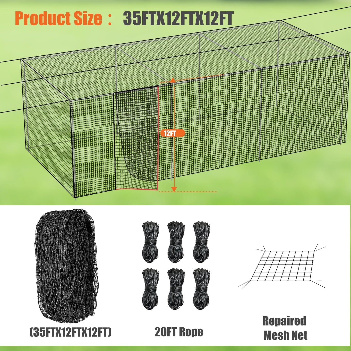 Heavy Duty Baseball Batting Cage Nets,ONLY NET,45#Baseball and Softball Cage Netting,35'/55' Fits Backyard or Team Training
