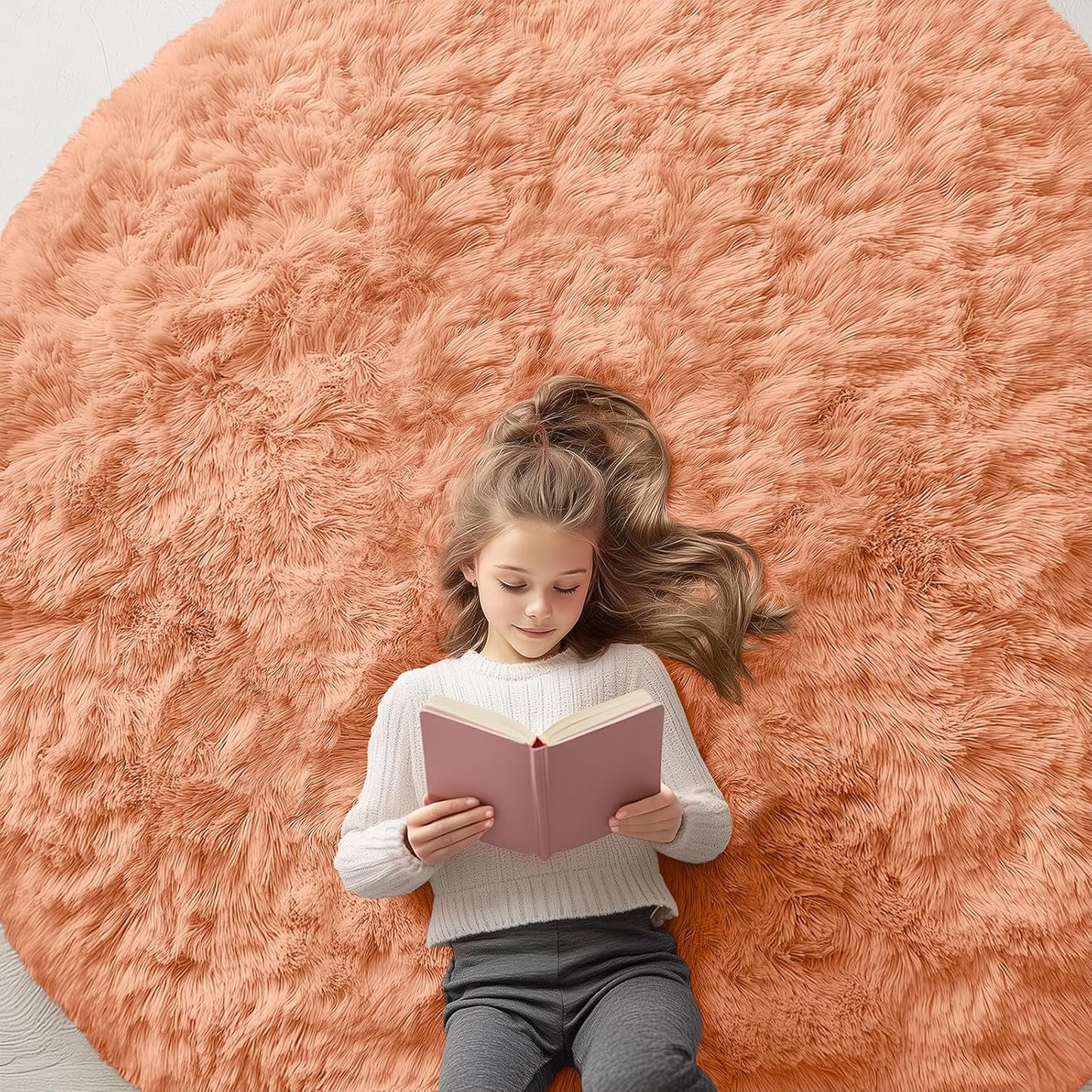 OLANLY Round Area Rug - Soft & Fluffy Muted Orange Shaggy Carpet, 6 ft Circle for Bedroom & Living Room