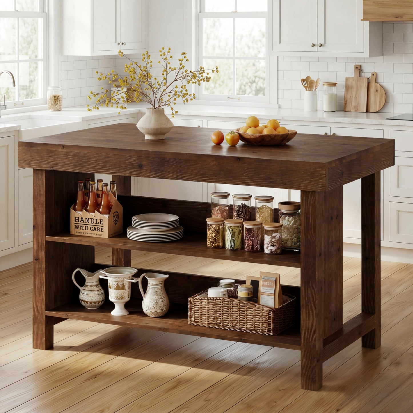 TRIBEWOOD 55" Solid Wood Kitchen Island with Storage, Farmhouse Kitchen Island Table with 3-Tier Open Shelves and Large Countertop for Kitchen, Dining & Living Room, Walnut