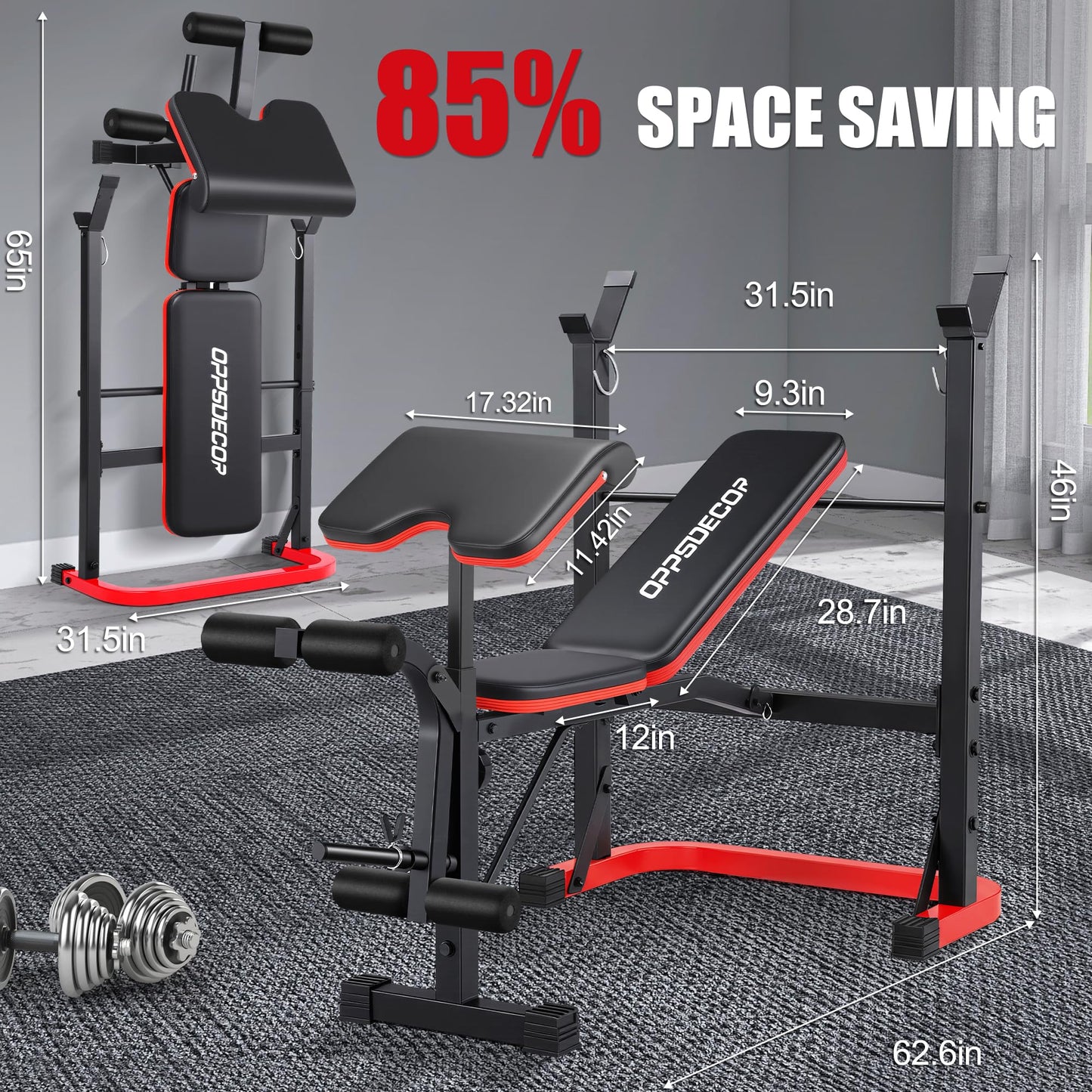 OPPSDECOR Foldable Weight Bench Set with Preacher Curl Pad and Squat Rack, 660LBS Adjustable Bench Press with Leg Extension and Leg Curl, Incline Decline Home Gym Bench for Women Teens Full Body Strength Training