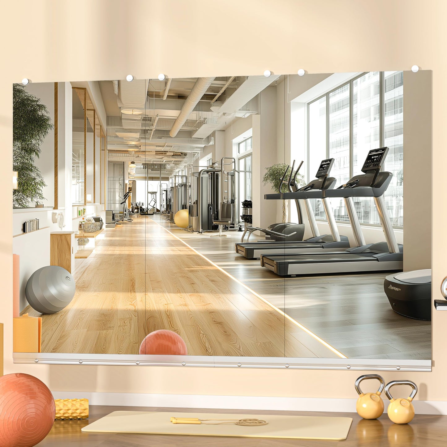 Hasipu Home Gym Mirror, 48"x24" Each, 3-Pack Frameless Wall Mounted Mirrors with Glass Clamps & 2 Aluminum Rail, Large Body Mirror for Home Gym, Yoga Studio, Bedroom, Silver Tempered Glass